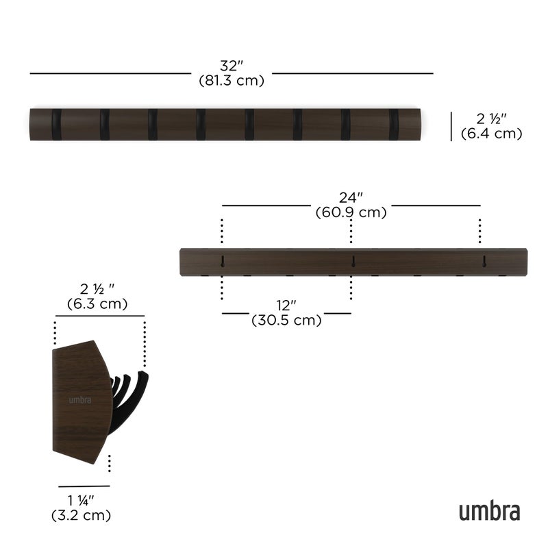 Umbra Flip Wall-Mounted Coat Rack with 8 Hooks â€“ Modern, Space-Saving Storage for Hats, Jackets, Bags, Entryway, Mudroom, Closet, Bathroom, Bedroom â€“ Black/Walnut - Image 3